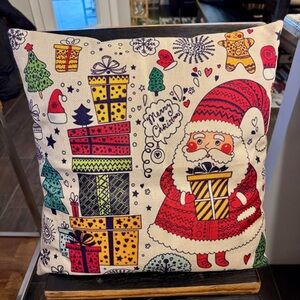 Merry Christmas Santa Holding Gift Throw Pillow w/ Insert | Zippered Cover